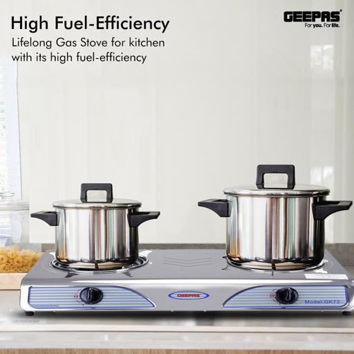 Geepas GK73 Stainless Steel Gas Stove | Powerful 7KW Double Burner | Auto Ignition for Easy Use |Durable Design with High Efficiency Cooking Performance |2 Years Warranty