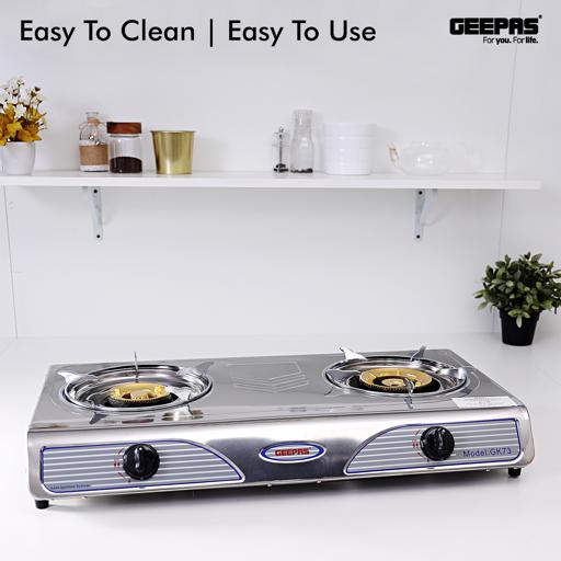 Geepas GK73 Stainless Steel Gas Stove | Powerful 7KW Double Burner | Auto Ignition for Easy Use |Durable Design with High Efficiency Cooking Performance |2 Years Warranty