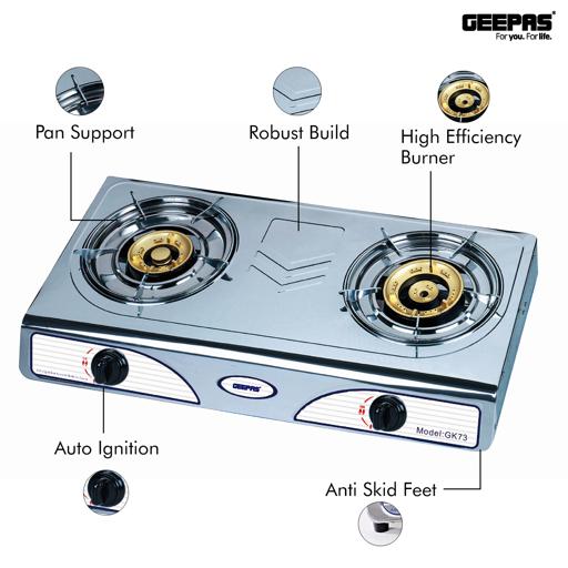 Geepas GK73 Stainless Steel Gas Stove | Powerful 7KW Double Burner | Auto Ignition for Easy Use |Durable Design with High Efficiency Cooking Performance |2 Years Warranty