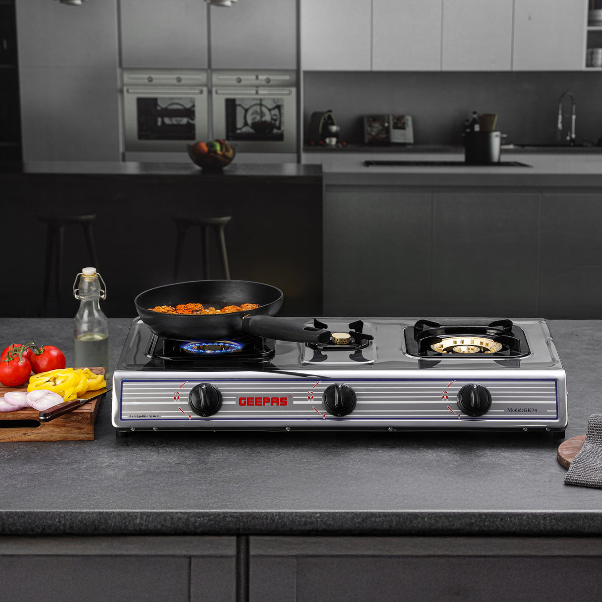 Geepas GK74 Stainless Steel Gas Cooker | 2 Burner Stove | Durable Brass Burners| Auto Ignition System| High Efficiency Flame| Easy to Clean Design | 2 Years Warranty