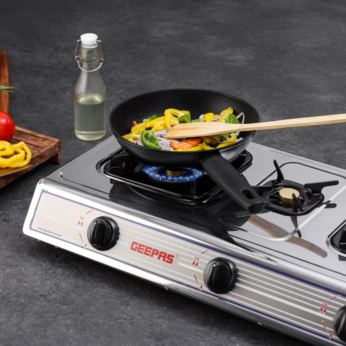 Geepas GK74 Stainless Steel Gas Cooker | 2 Burner Stove | Durable Brass Burners| Auto Ignition System| High Efficiency Flame| Easy to Clean Design | 2 Years Warranty