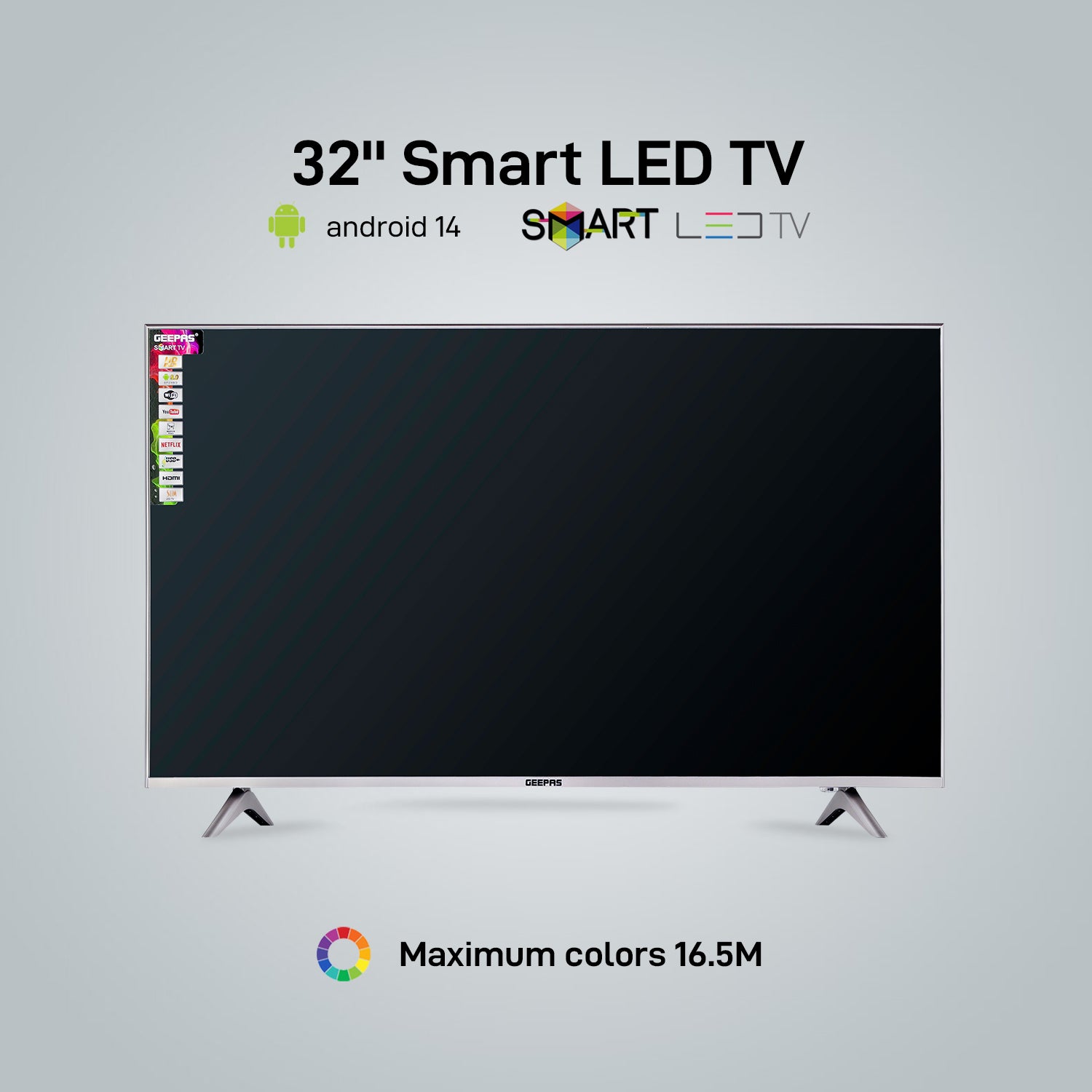 Geepas 32" Smart LED TV- GLED3202SEHD/ with Remote Control, HDMI and USB Ports/ HQ Sound, AV Mode/ Android 14.0, Frameless Design