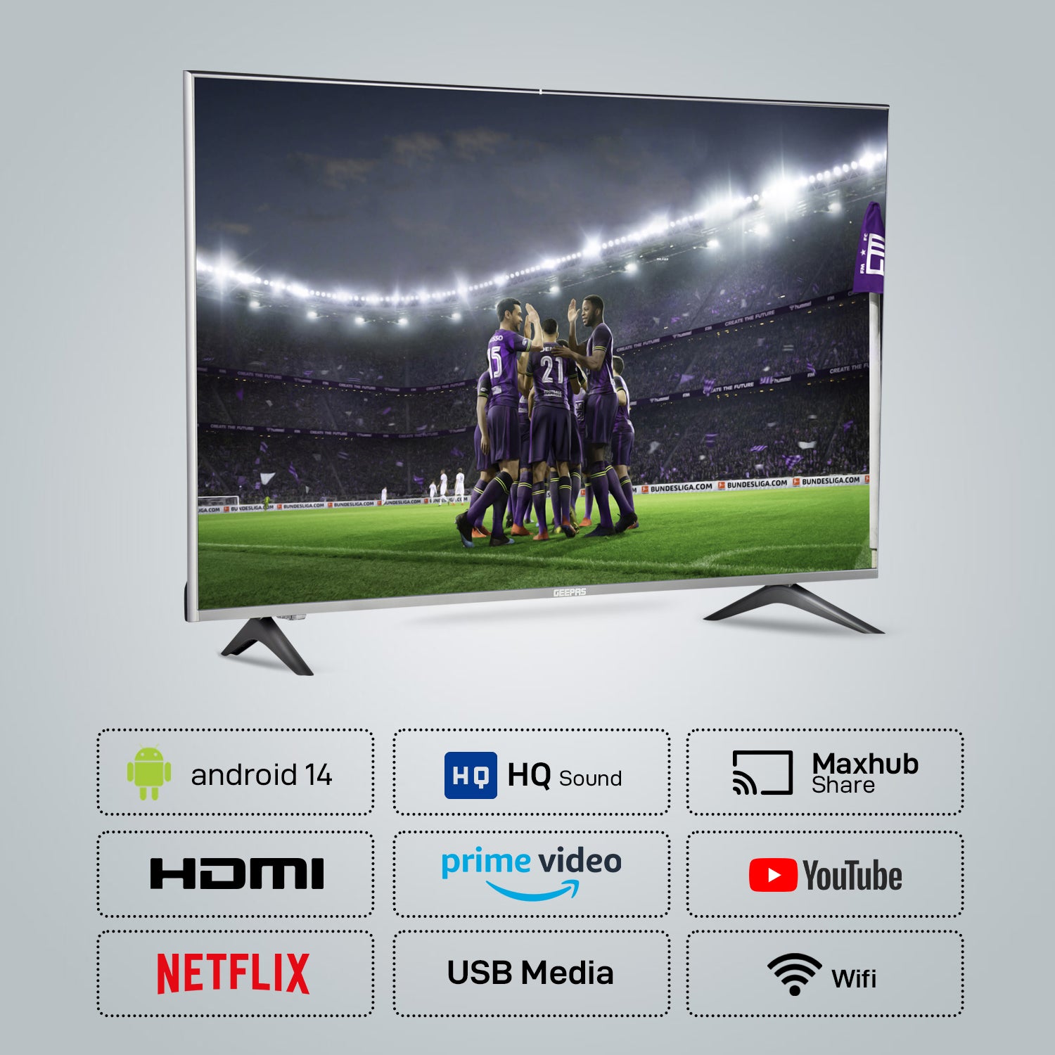 Geepas 32" Smart LED TV- GLED3202SEHD/ with Remote Control, HDMI and USB Ports/ HQ Sound, AV Mode/ Android 14.0, Frameless Design