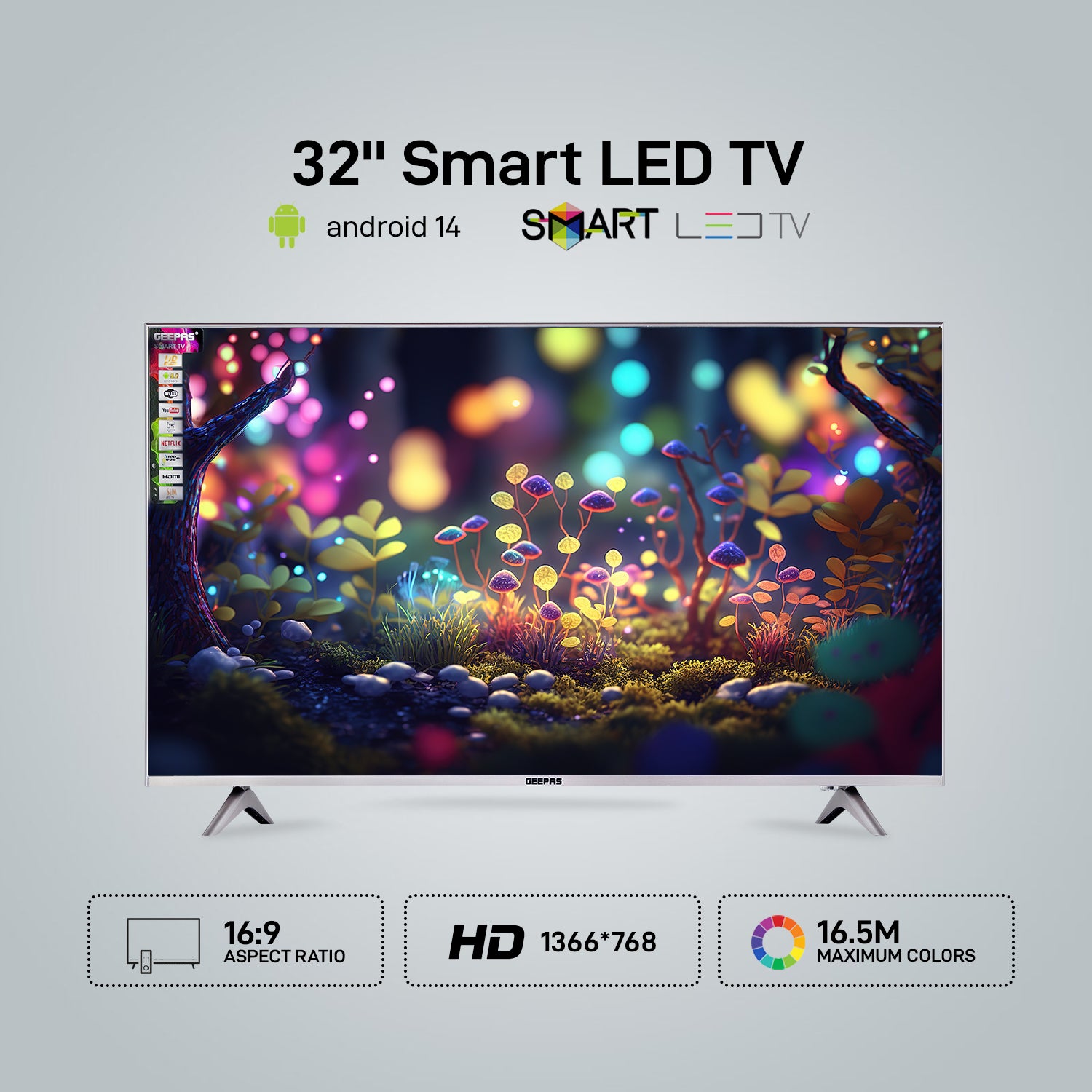 Geepas 32" Smart LED TV- GLED3202SEHD/ with Remote Control, HDMI and USB Ports/ HQ Sound, AV Mode/ Android 14.0, Frameless Design