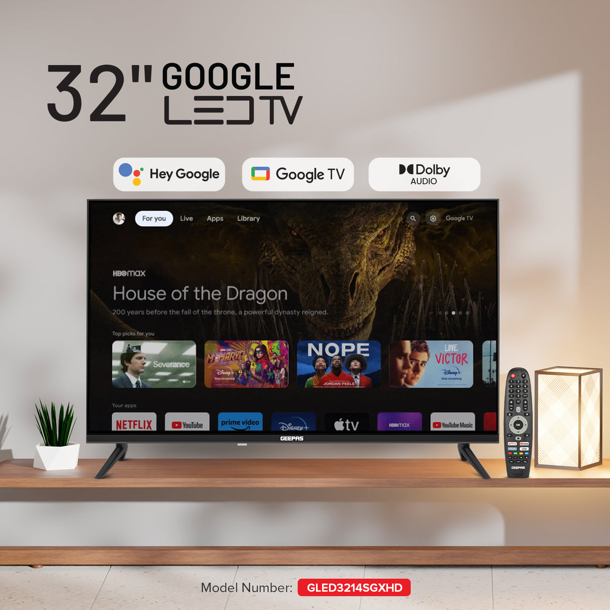 Geepas 32" Google TV- GLED3214SGXHD/ Dolby Audio, Ultra HD LED, Built In Chromecast/ with Remote Control, HDMI and USB Ports