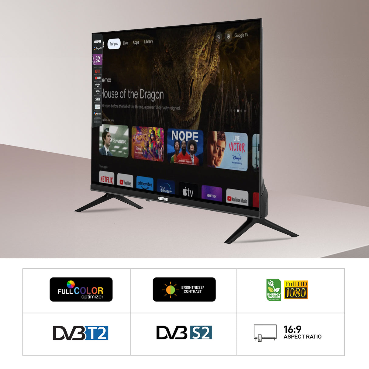 Geepas 32" Google TV- GLED3214SGXHD/ Dolby Audio, Ultra HD LED, Built In Chromecast/ with Remote Control, HDMI and USB Ports