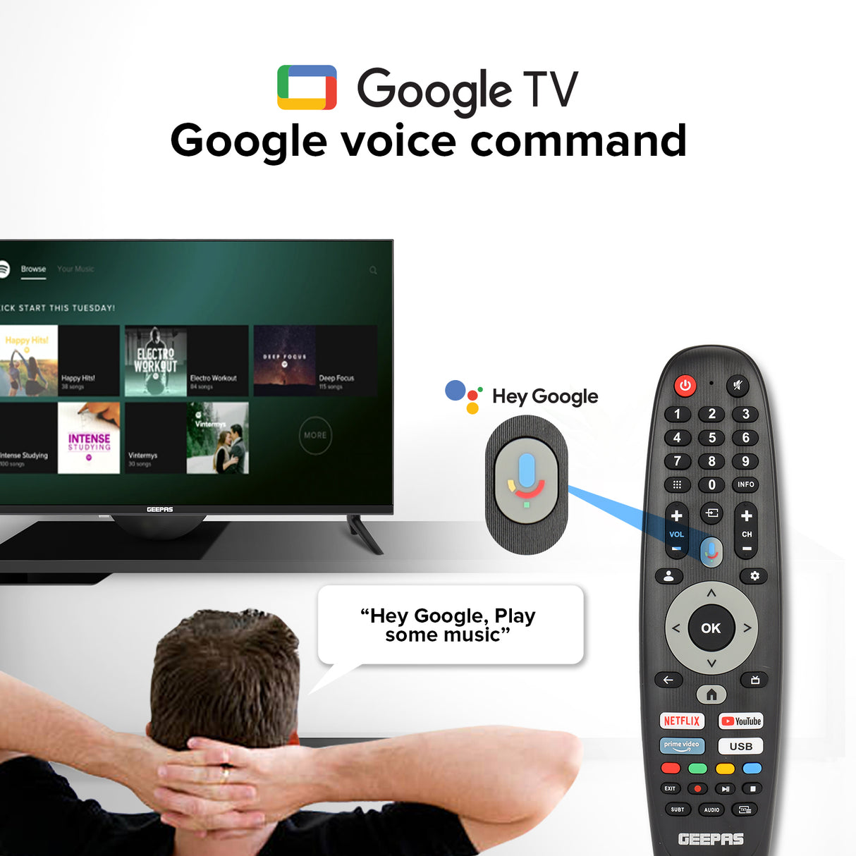 Geepas 32" Google TV- GLED3214SGXHD/ Dolby Audio, Ultra HD LED, Built In Chromecast/ with Remote Control, HDMI and USB Ports