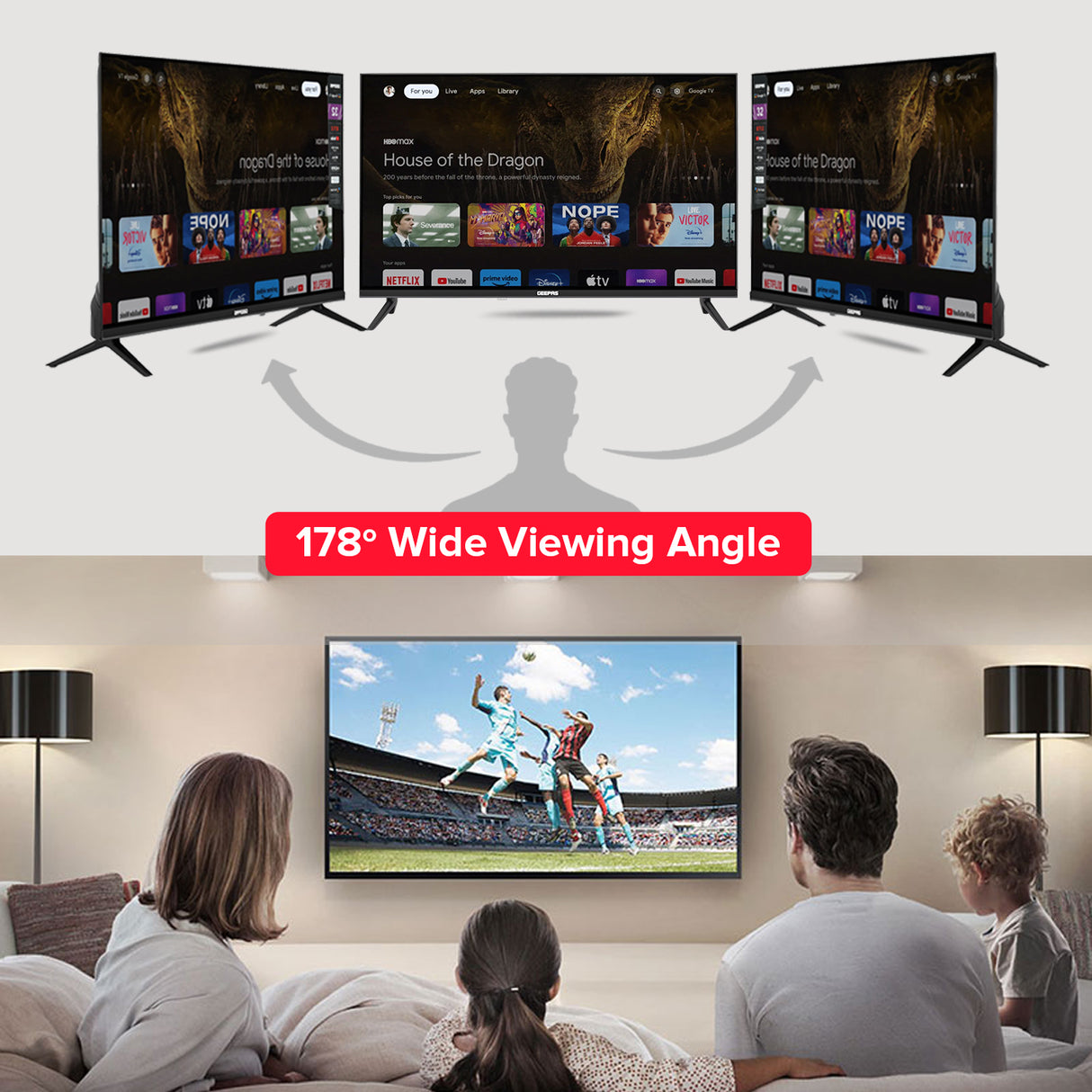 Geepas 32" Google TV- GLED3214SGXHD/ Dolby Audio, Ultra HD LED, Built In Chromecast/ with Remote Control, HDMI and USB Ports