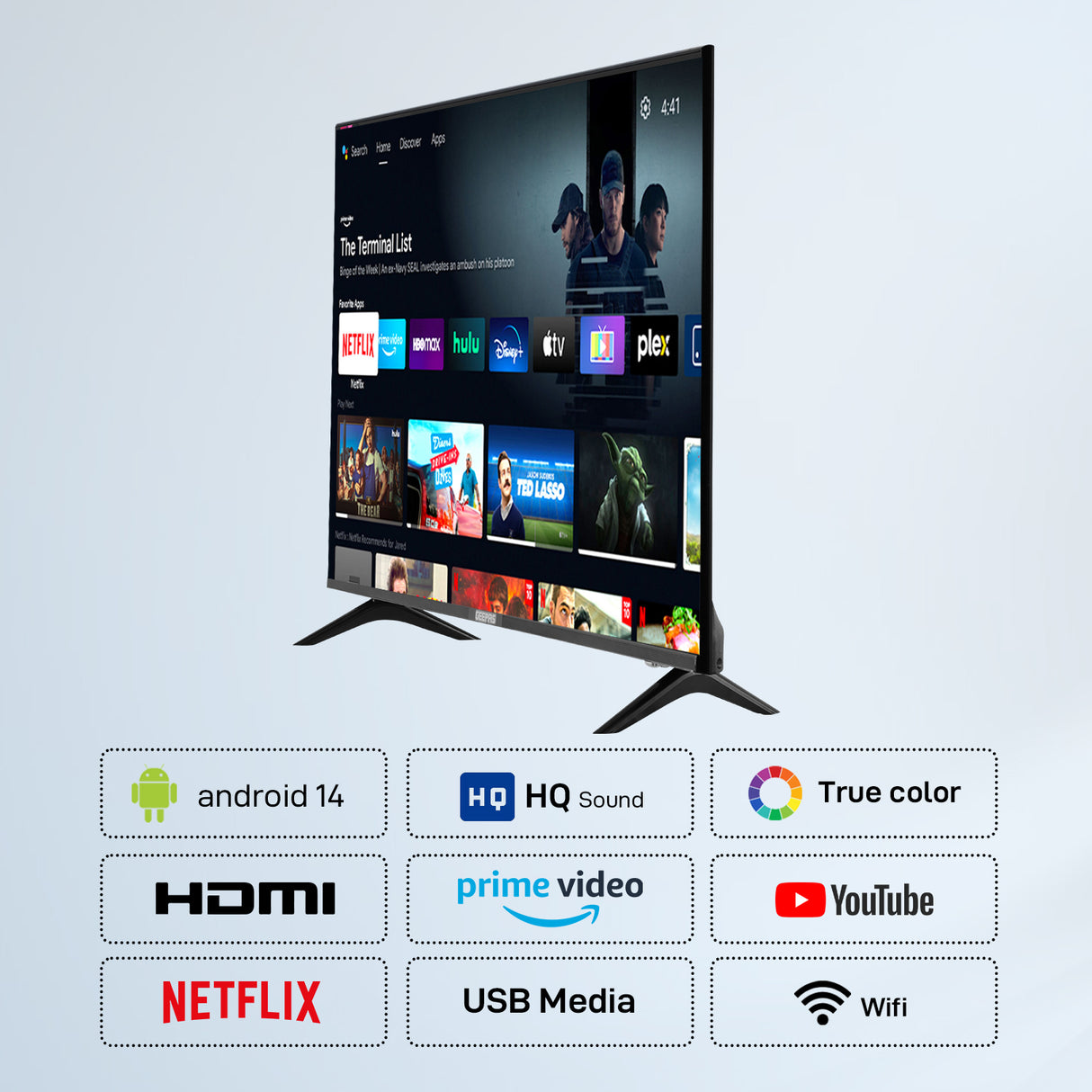 Geepas 43” Smart LED TV (GLED4328SXHD) with Full HD display, frameless design, Android system, and HDMI, USB, and AV ports. Powerful sound and smart features
