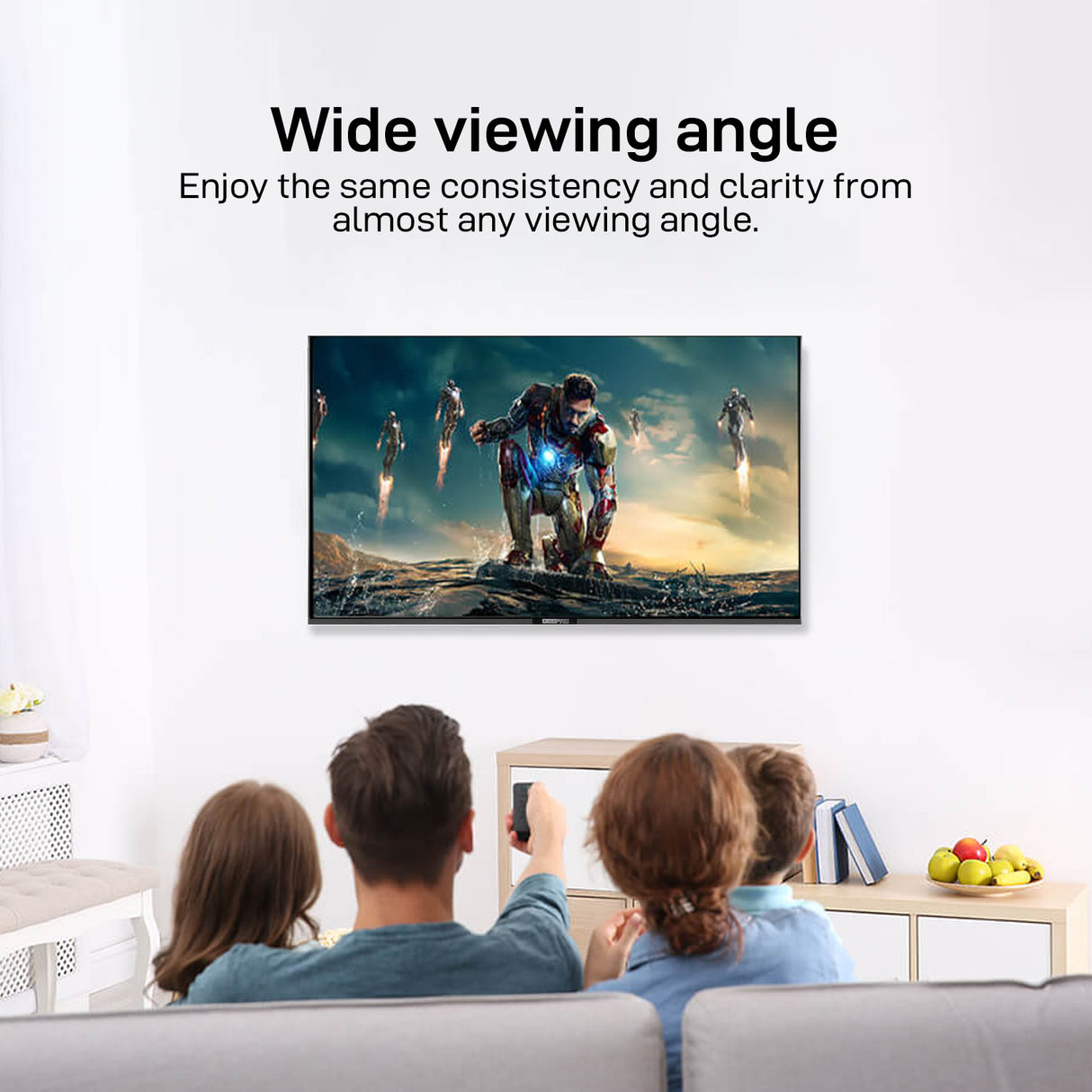 Geepas 43” Smart LED TV (GLED4328SXHD) with Full HD display, frameless design, Android system, and HDMI, USB, and AV ports. Powerful sound and smart features