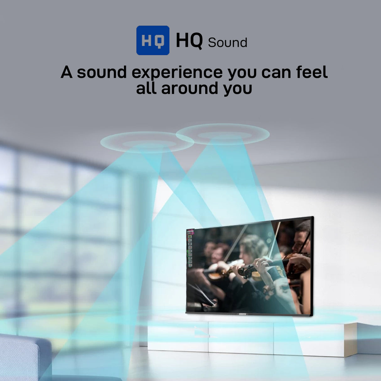 Geepas 43” Smart LED TV (GLED4328SXHD) with Full HD display, frameless design, Android system, and HDMI, USB, and AV ports. Powerful sound and smart features