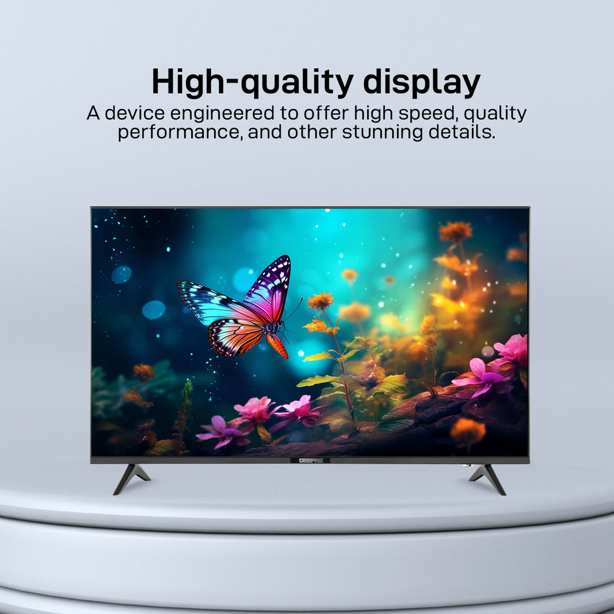 Geepas 43” Smart LED TV (GLED4328SXHD) with Full HD display, frameless design, Android system, and HDMI, USB, and AV ports. Powerful sound and smart features