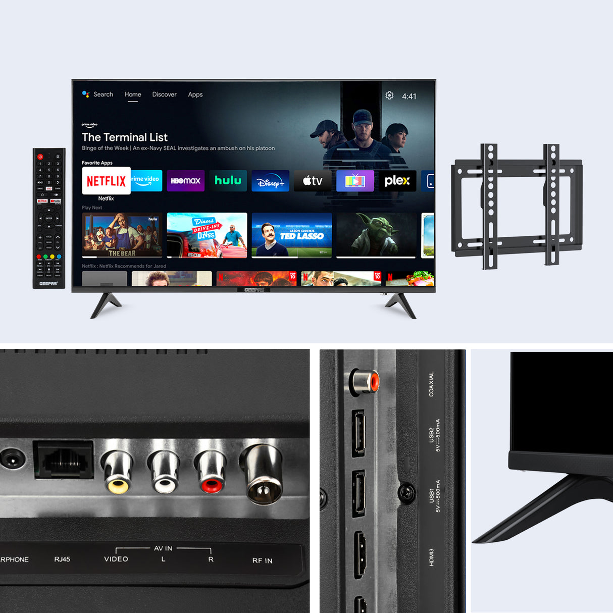 Geepas 43” Smart LED TV (GLED4328SXHD) with Full HD display, frameless design, Android system, and HDMI, USB, and AV ports. Powerful sound and smart features