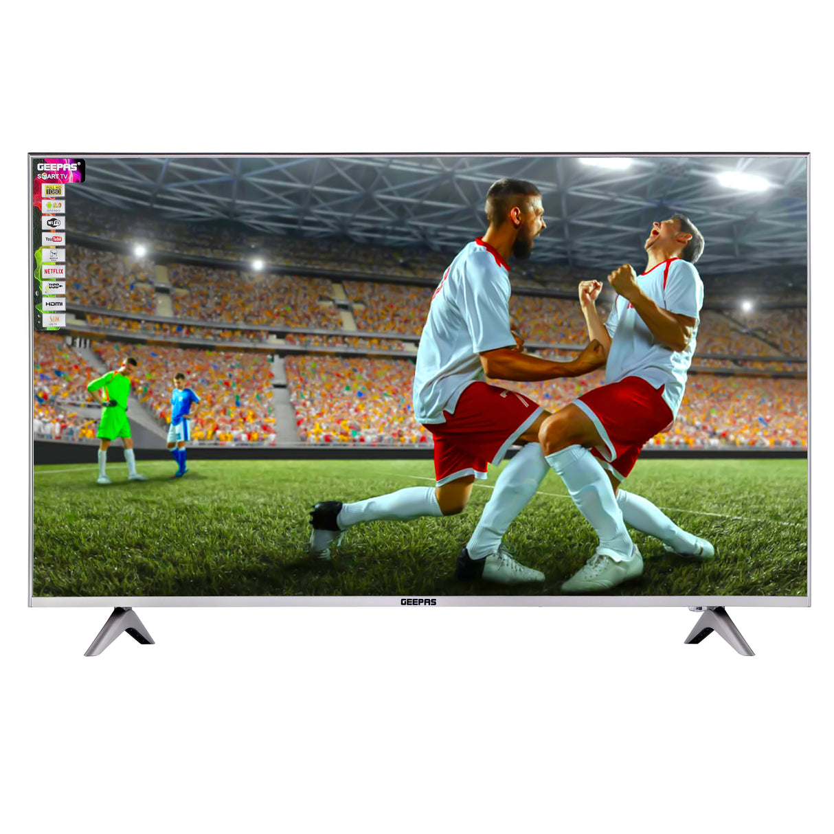 Geepas 43” Smart LED TV (GLED4328SXHD) with Full HD display, frameless design, Android system, and HDMI, USB, and AV ports. Powerful sound and smart features