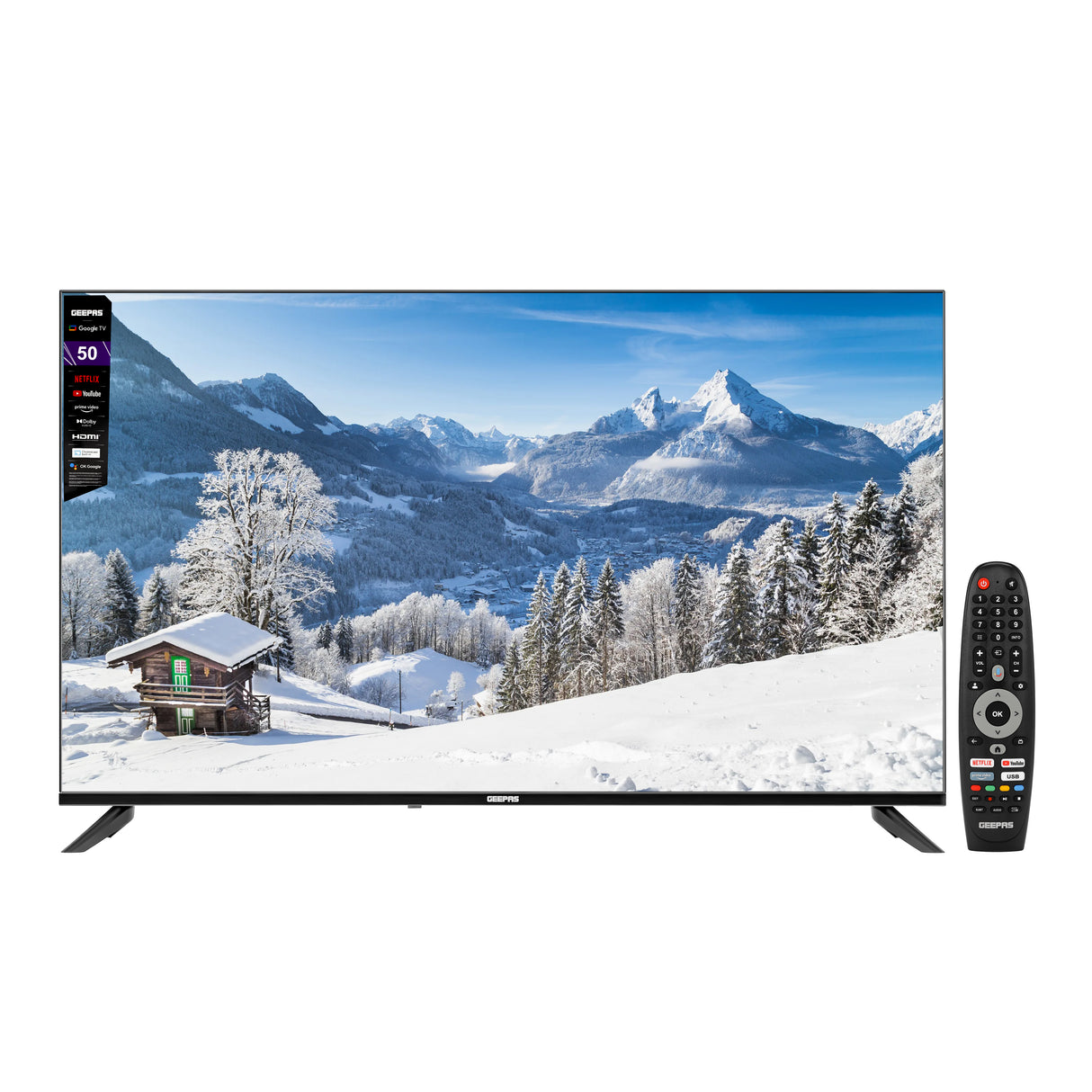 Geepas 50" Google TV- GLED5006SGXHD| Dolby Audio, Ultra HD LED TV, Built In Chromecast| With Remote Control, HDMI and USB Ports| Licensed Contents and Pre-Installed Apps, Wi-Fi and Screen Sharing