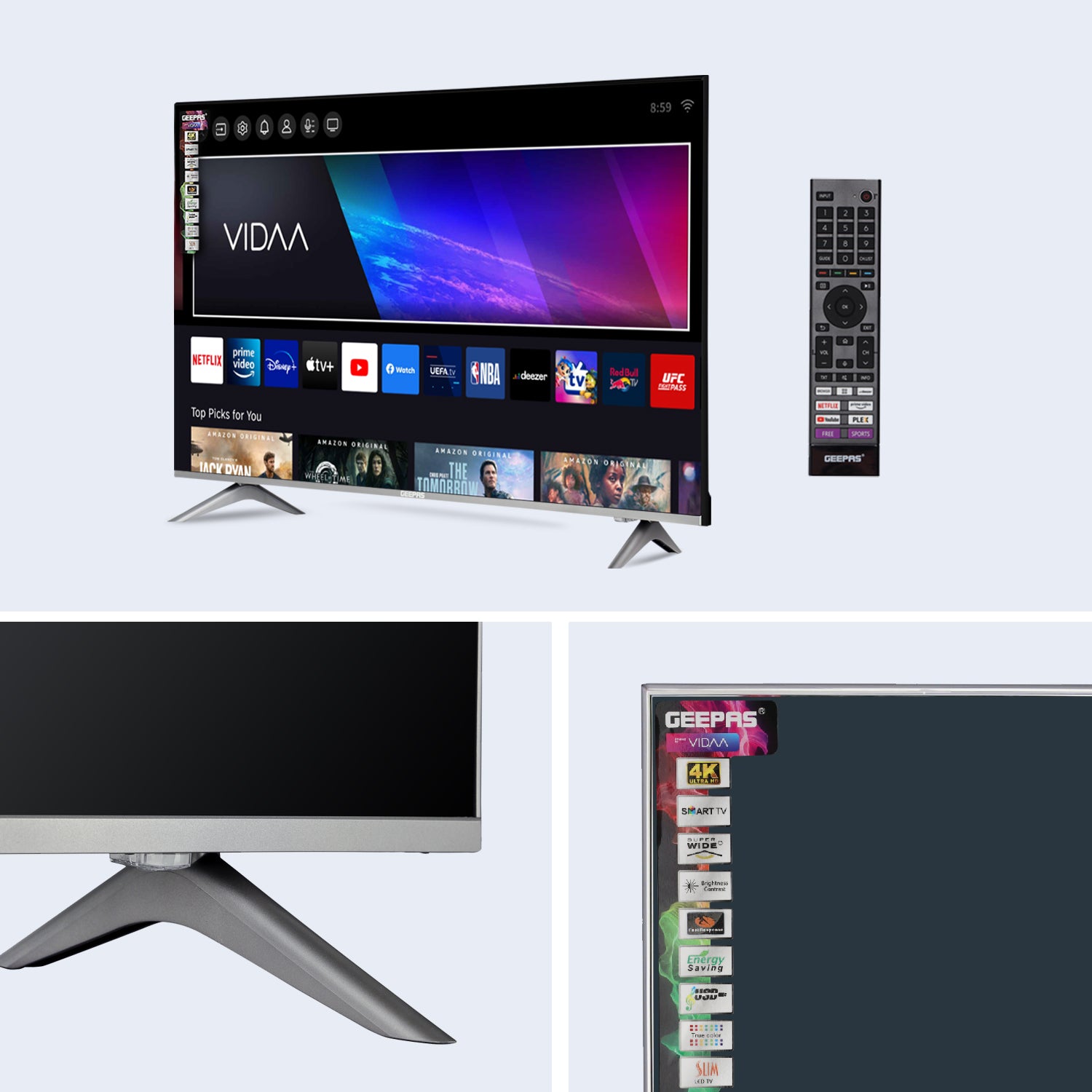 Geepas 55" Ultra HD Smart LED TV - GLED5509SVUHD  with Remote Control, WebOS Powered, 4K Resolution, Frameless Design, HQ Sound /Support Wi-Fi, Android