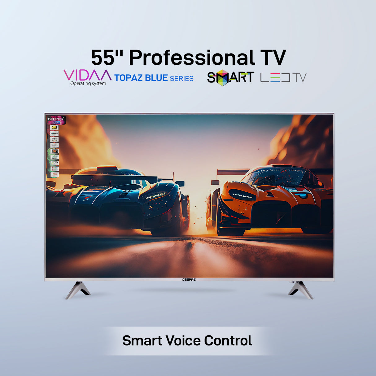 Geepas 55" Ultra HD Smart LED TV - GLED5509SVUHD  with Remote Control, WebOS Powered, 4K Resolution, Frameless Design, HQ Sound /Support Wi-Fi, Android