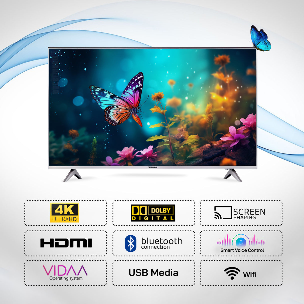 Geepas 55" Ultra HD Smart LED TV - GLED5509SVUHD  with Remote Control, WebOS Powered, 4K Resolution, Frameless Design, HQ Sound /Support Wi-Fi, Android