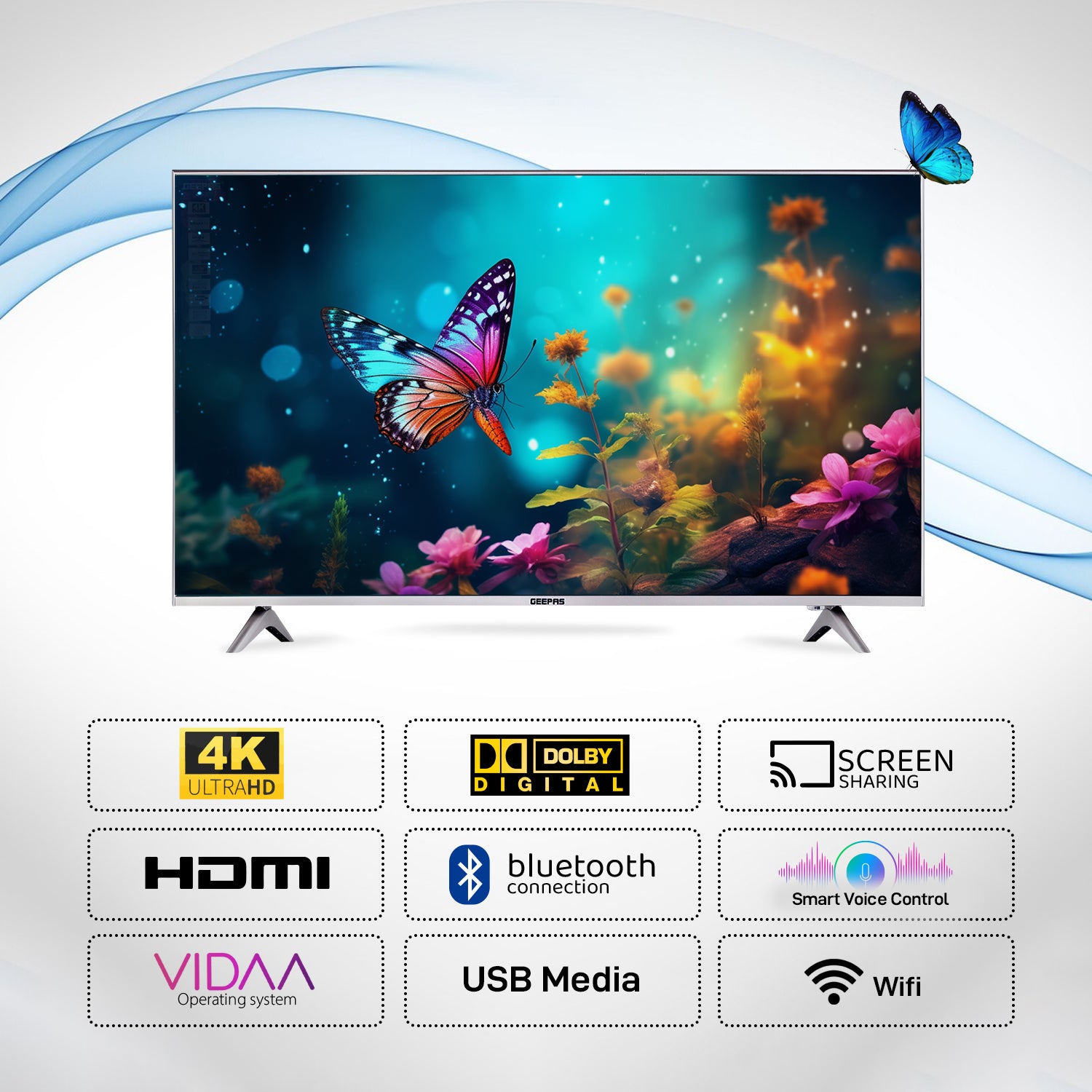 Geepas 55" Ultra HD Smart LED TV - GLED5509SVUHD  with Remote Control, WebOS Powered, 4K Resolution, Frameless Design, HQ Sound /Support Wi-Fi, Android