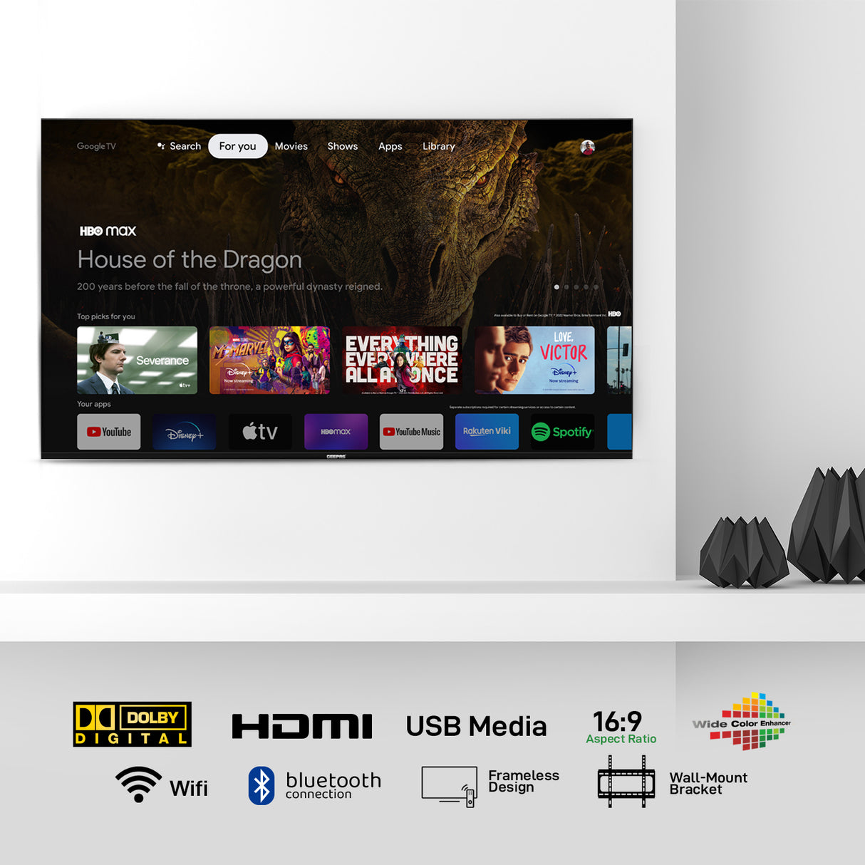 Geepas 65" Google TV- GLED6523SGXHD/ Dolby Audio, Smart Ultra HD LED TV, Built In Chromecast/ with Remote Control, HDMI and USB Ports/ Licensed Contents