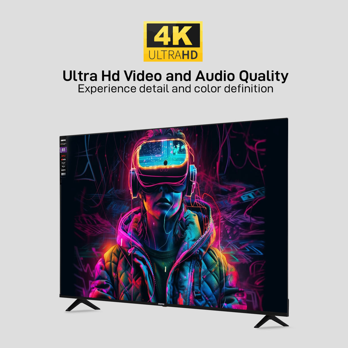 Geepas 65" Google TV- GLED6523SGXHD/ Dolby Audio, Smart Ultra HD LED TV, Built In Chromecast/ with Remote Control, HDMI and USB Ports/ Licensed Contents