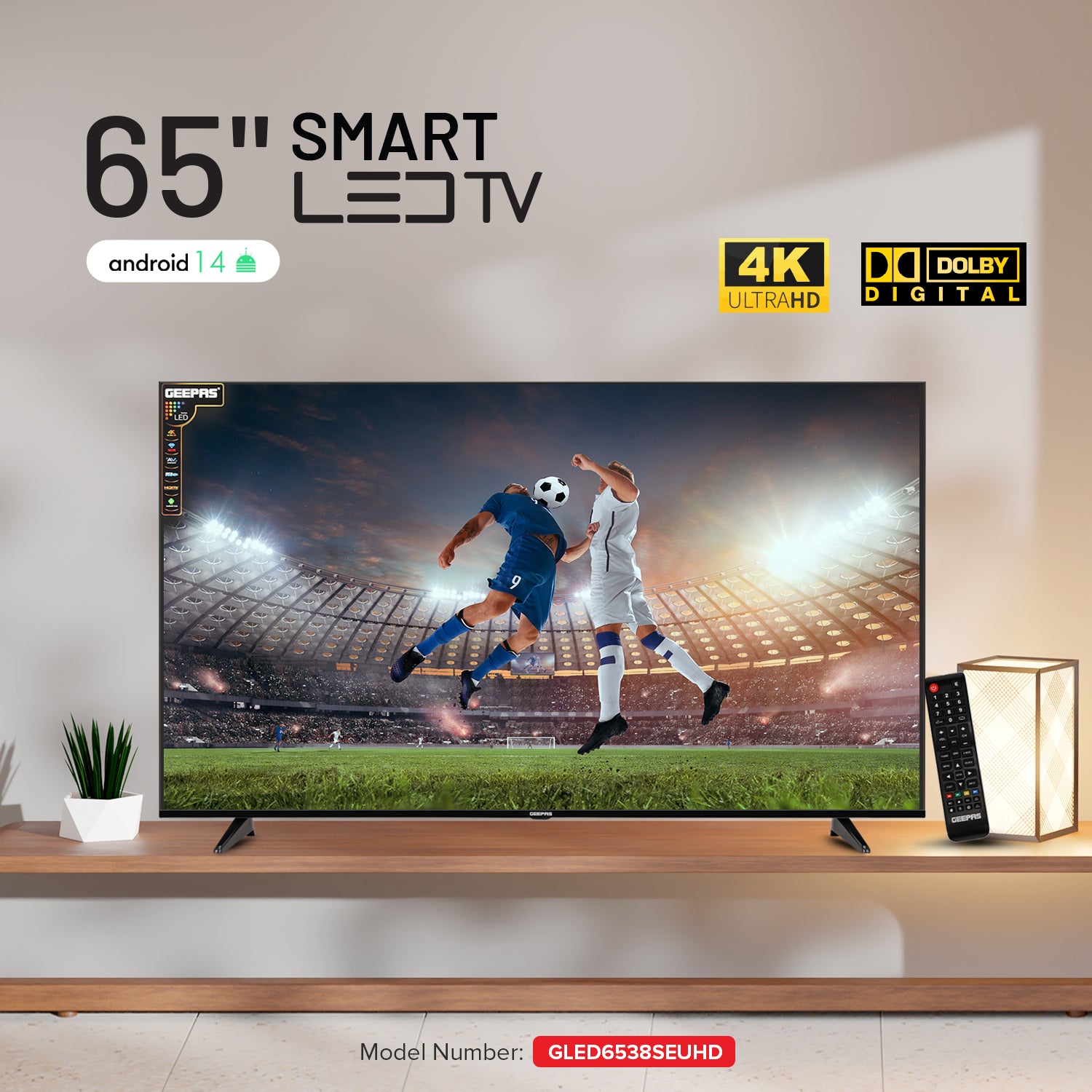 Geepas 65" Ultra HD LED TV-GLED6538SEUHD / with 4K UHD, Frameless, Smart TV,  HDMI, USB Connectivity, 8.5 ms Response Time, 200cd/m Brightness