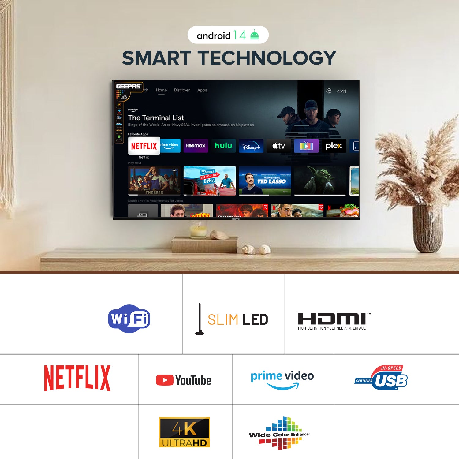 Geepas 65" Ultra HD LED TV-GLED6538SEUHD / with 4K UHD, Frameless, Smart TV,  HDMI, USB Connectivity, 8.5 ms Response Time, 200cd/m Brightness