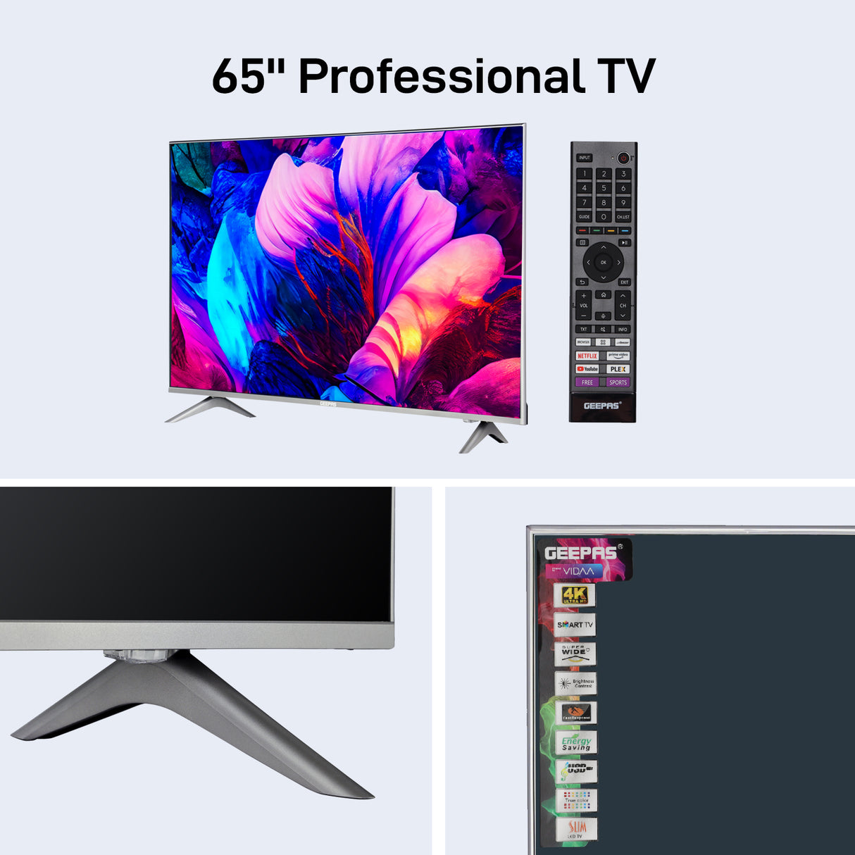 Geepas 65" Ultra HD LED TV- GLED6569SVUHD/comes With WebOS Operating System, Immersive Sound Experience, Sleek Frameless Display / Extensive Connectivity Options
