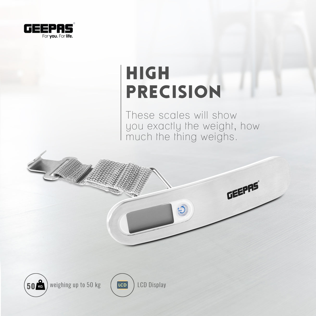 Geepas Digital Luggage Scale GLS4221 | Portable Handheld Travel Weight Scale with Clear LCD Display, Strong Strap, Compact Design & Accurate Measurement for Baggage