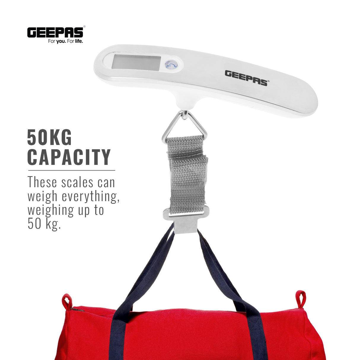 Geepas Digital Luggage Scale GLS4221 | Portable Handheld Travel Weight Scale with Clear LCD Display, Strong Strap, Compact Design & Accurate Measurement for Baggage