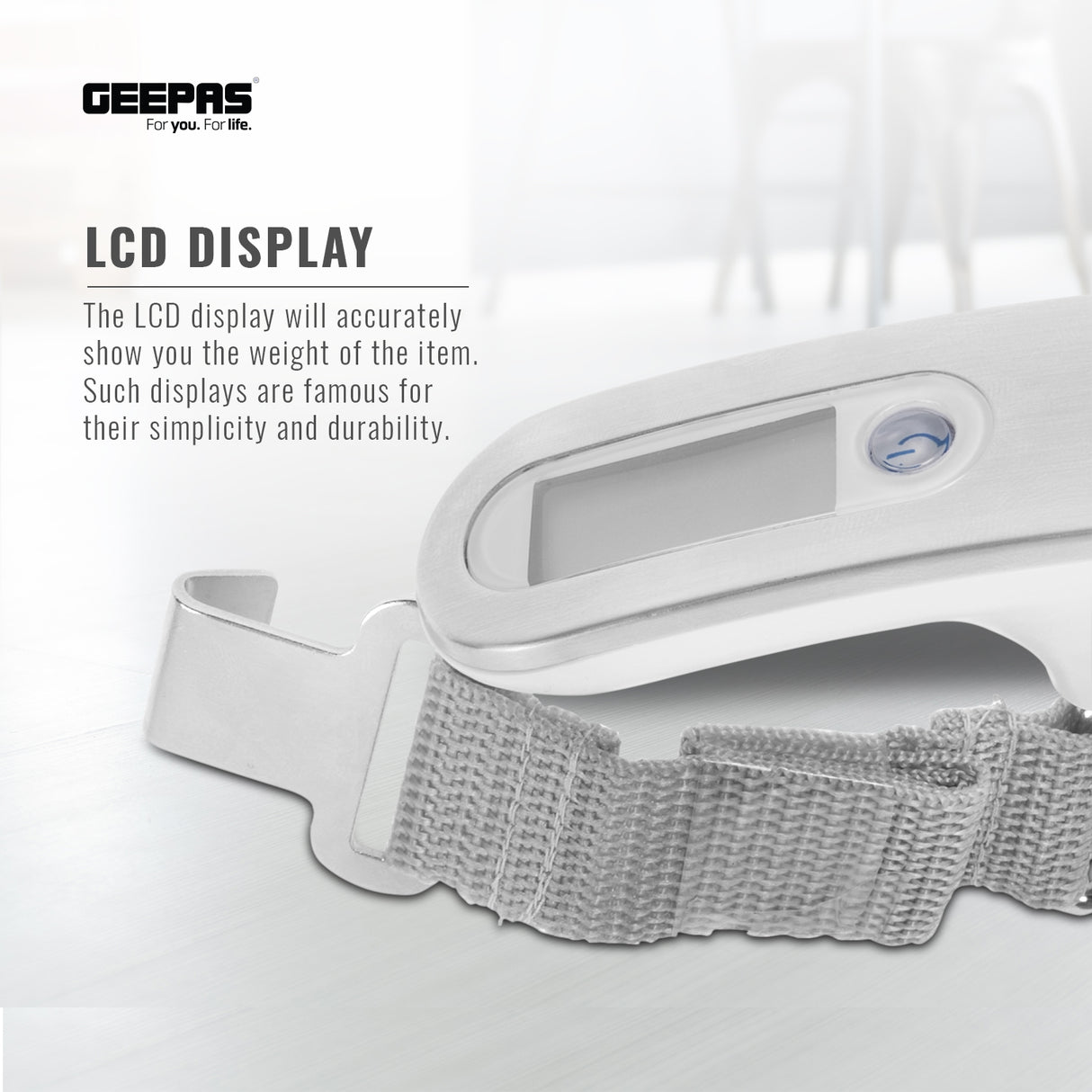 Geepas Digital Luggage Scale GLS4221 | Portable Handheld Travel Weight Scale with Clear LCD Display, Strong Strap, Compact Design & Accurate Measurement for Baggage