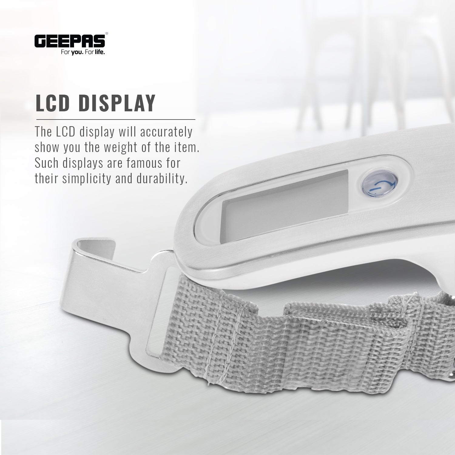 Geepas Digital Luggage Scale GLS4221 | Portable Handheld Travel Weight Scale with Clear LCD Display, Strong Strap, Compact Design & Accurate Measurement for Baggage