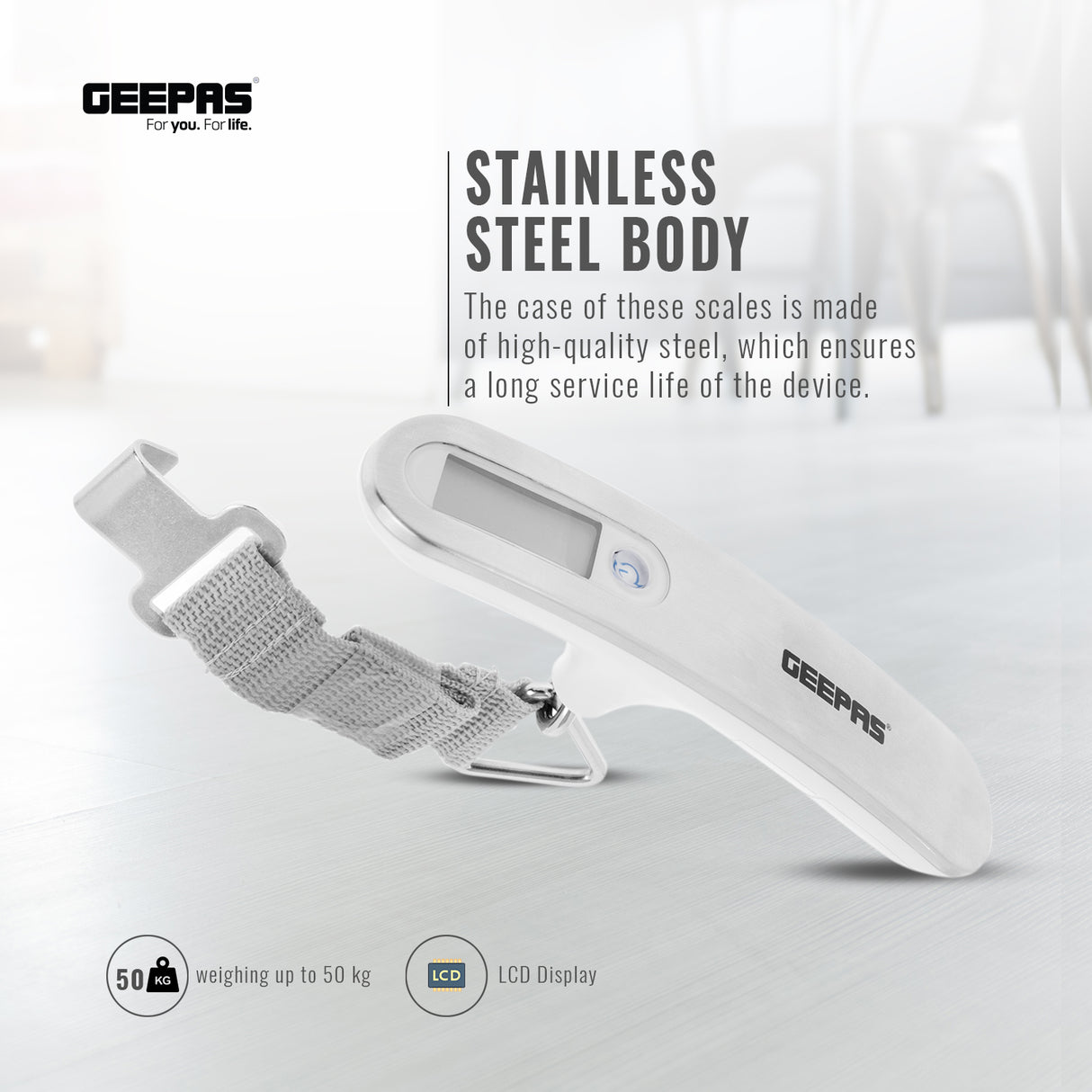 Geepas Digital Luggage Scale GLS4221 | Portable Handheld Travel Weight Scale with Clear LCD Display, Strong Strap, Compact Design & Accurate Measurement for Baggage