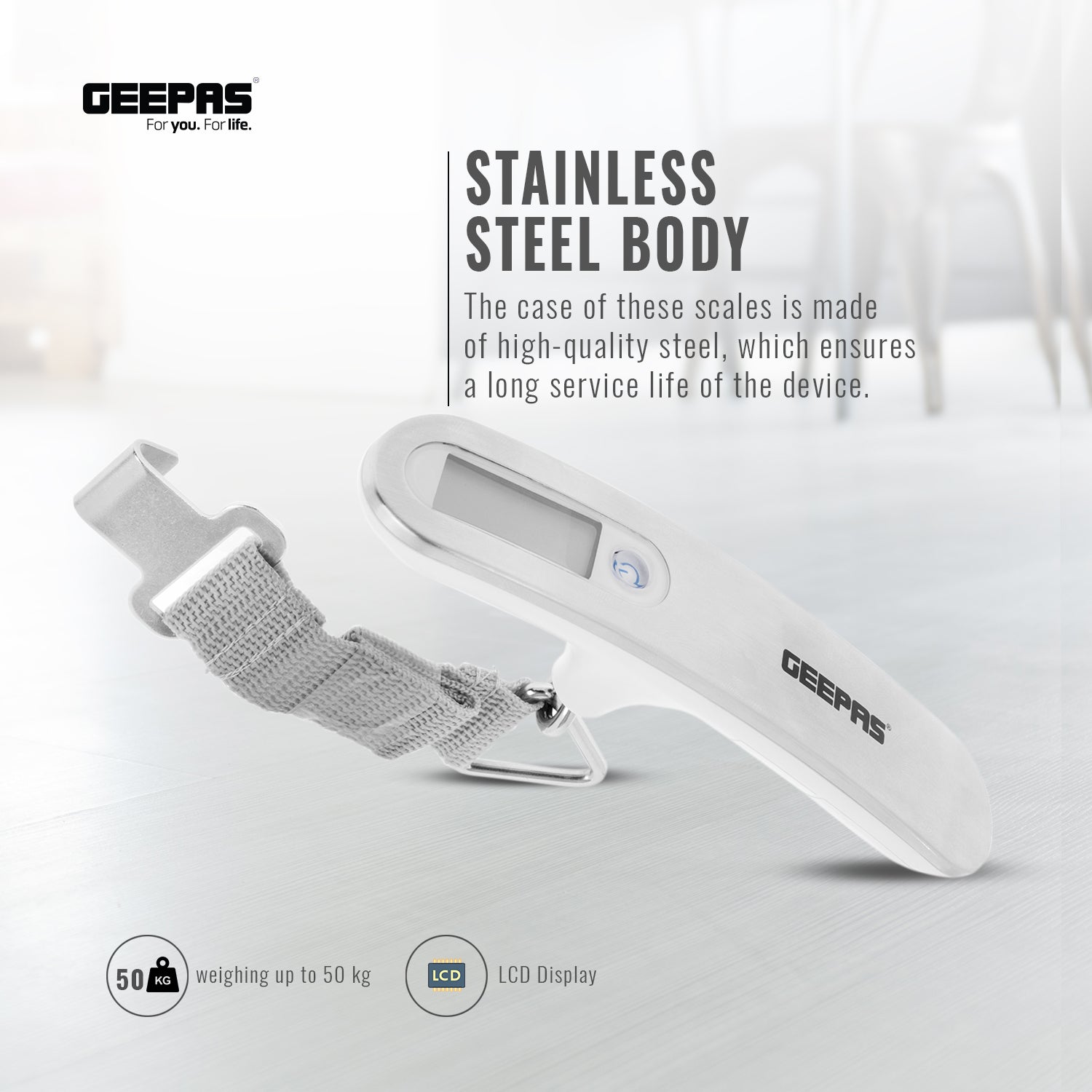 Geepas Digital Luggage Scale GLS4221 | Portable Handheld Travel Weight Scale with Clear LCD Display, Strong Strap, Compact Design & Accurate Measurement for Baggage