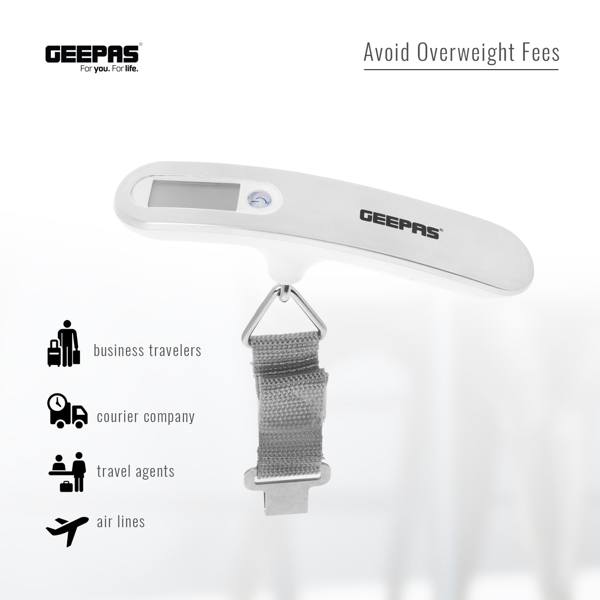 Geepas Digital Luggage Scale GLS4221 | Portable Handheld Travel Weight Scale with Clear LCD Display, Strong Strap, Compact Design & Accurate Measurement for Baggage