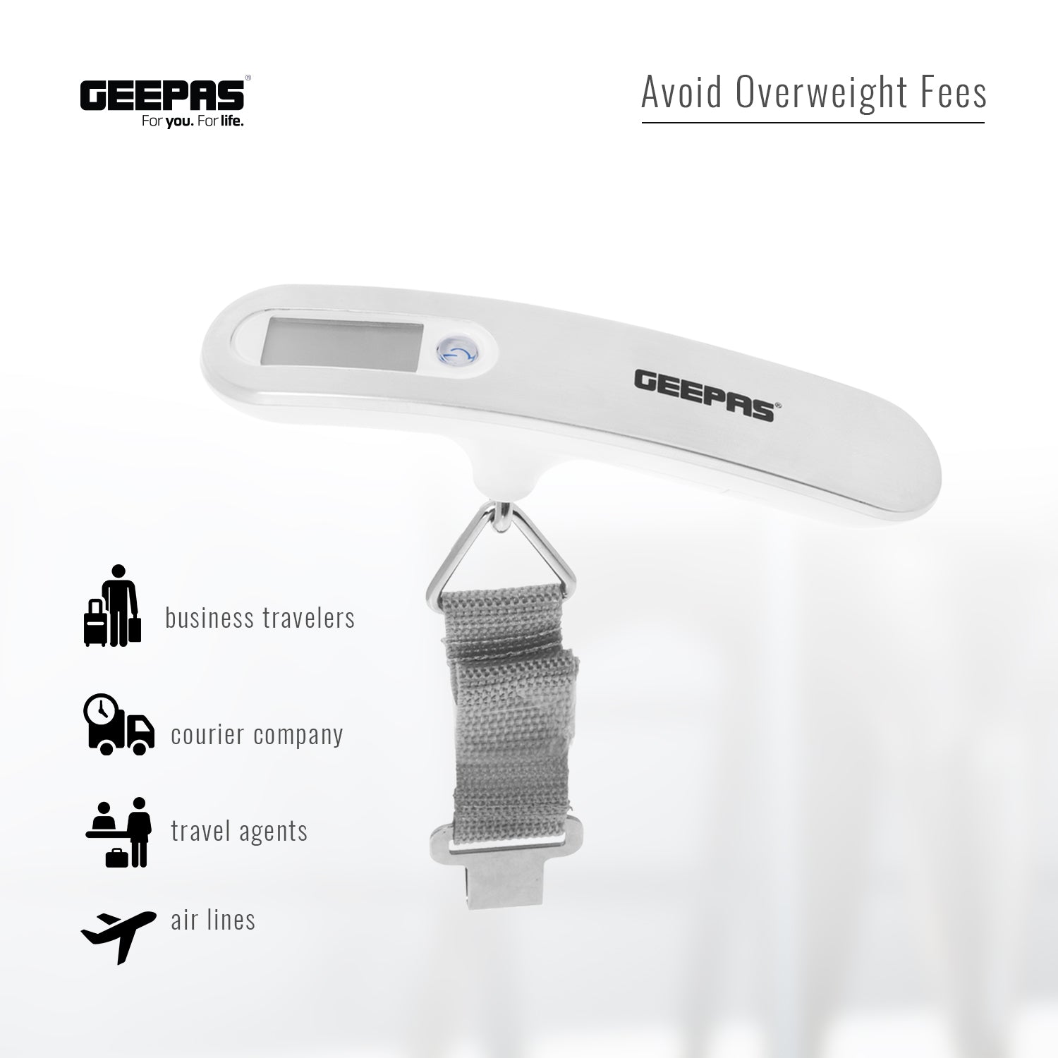 Geepas Digital Luggage Scale GLS4221 | Portable Handheld Travel Weight Scale with Clear LCD Display, Strong Strap, Compact Design & Accurate Measurement for Baggage