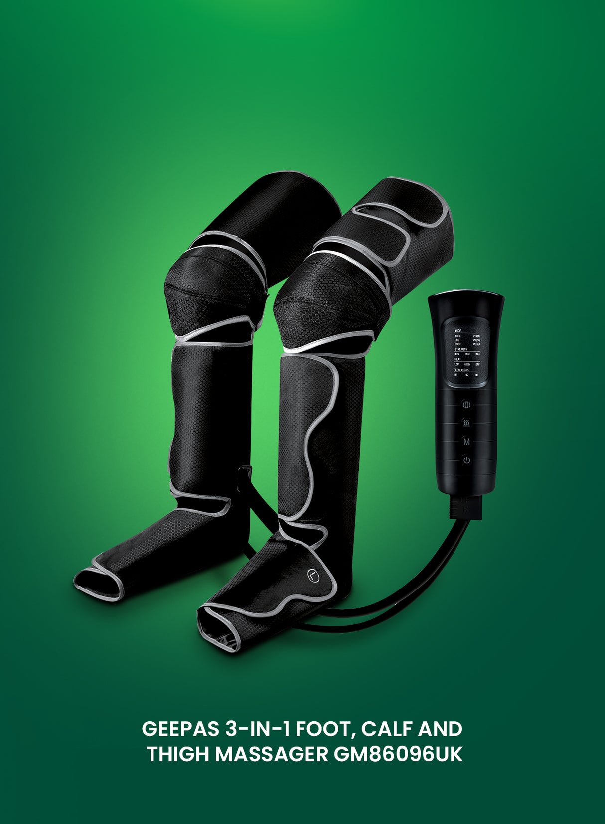 Geepas 3-in-1 Foot, Calf and Thigh Massager- GM86096UK/ 6 Modes, with Adjustable Straps, 20 Minutes Timer, 2x2 Airbags, 3 Vibration Levels and Intensity Selection