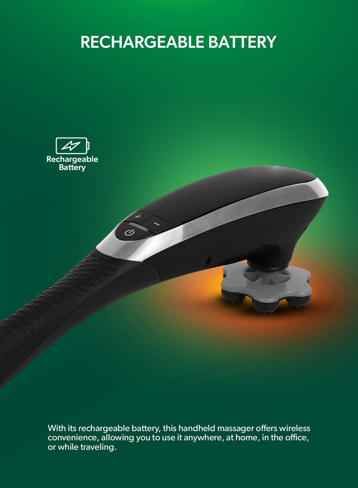 Geepas Cordless Handheld Massager- GM86097UK/ 3 Modes, 3 Level Vibration, 15 Minutes Timer, Anti Slip Handle, Rechargeable Battery/ Ideal for Back, Neck, Shoulders, Arms, Legs/ Black, 2 Years Warranty