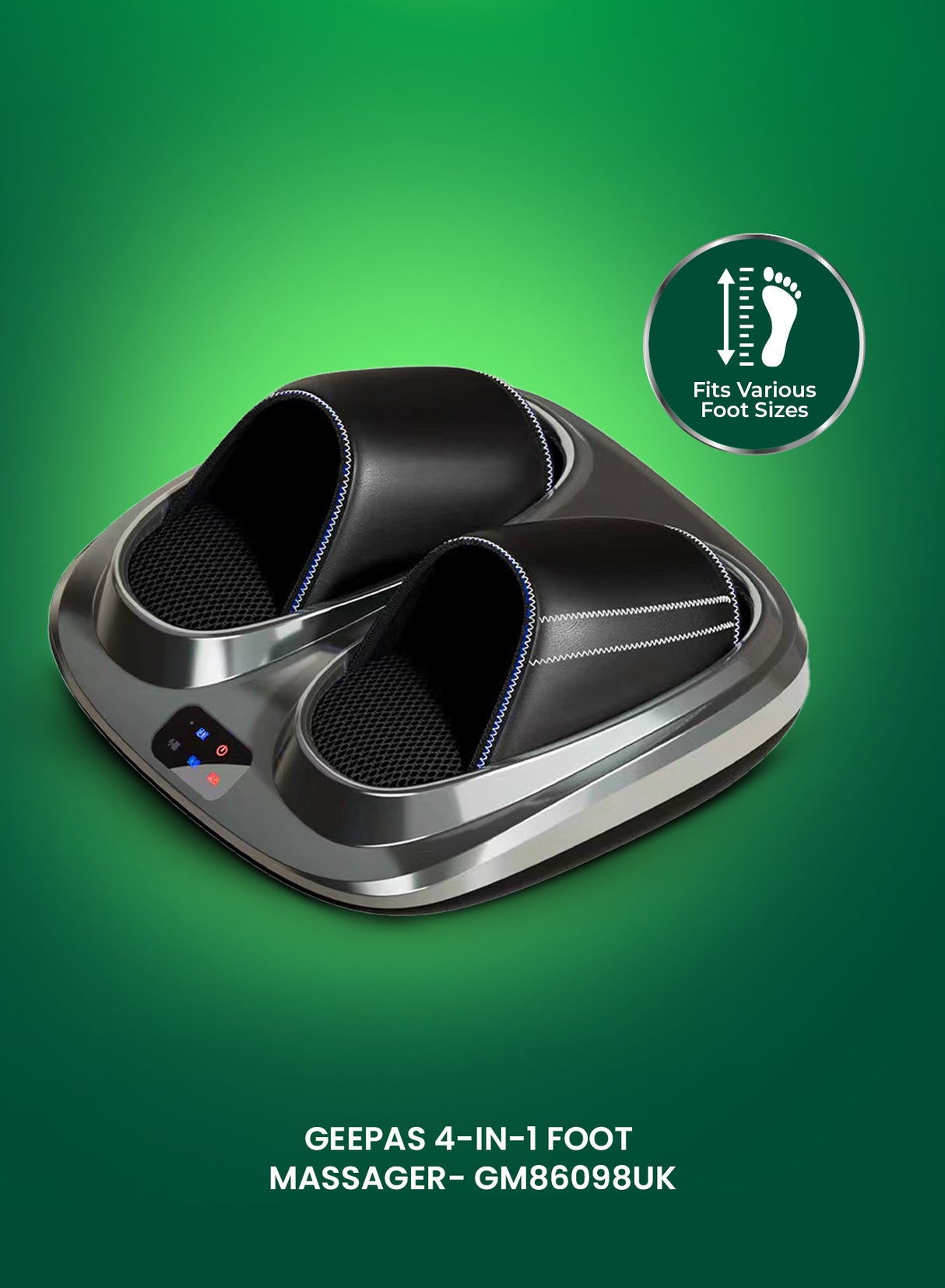 Geepas 4-in-1 Foot Massager- GM86098UK/ 3 Modes, 3 Speed Function, 15 Minutes Timer, 3 Kneading Speeds, Tapping and Massage, Foot Size/ Relieves Pain, Fatigue, Improves Blood Circulation, Perfect for Home/ Black, 2 Years Warranty