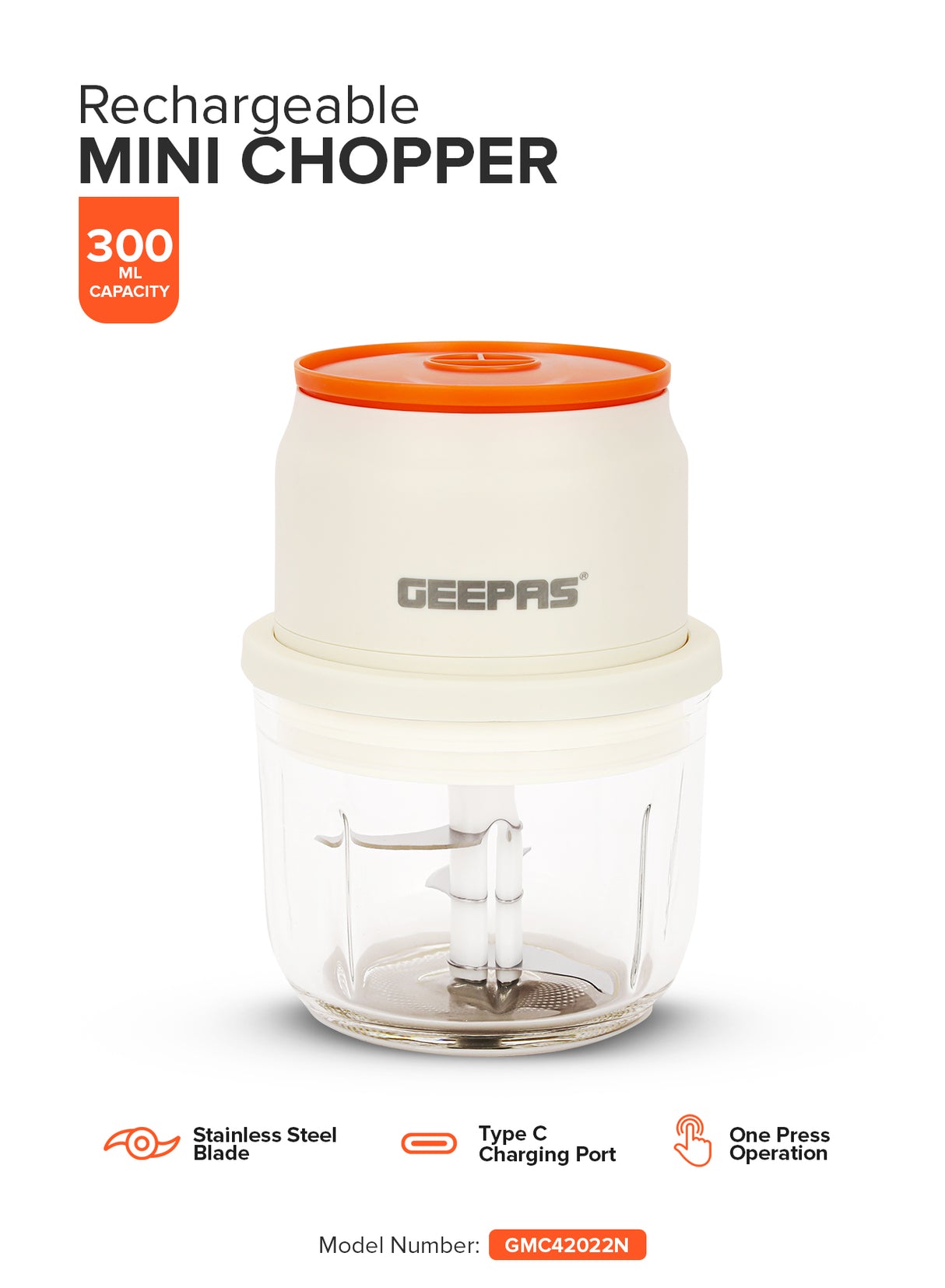 Geepas GMC42022N Rechargeable Mini Chopper | Durable Stainless Steel Blades| Hygienic Glass Bowl| Type-C Fast Charging| Easy One-Press Operation | 2 Years Warranty
