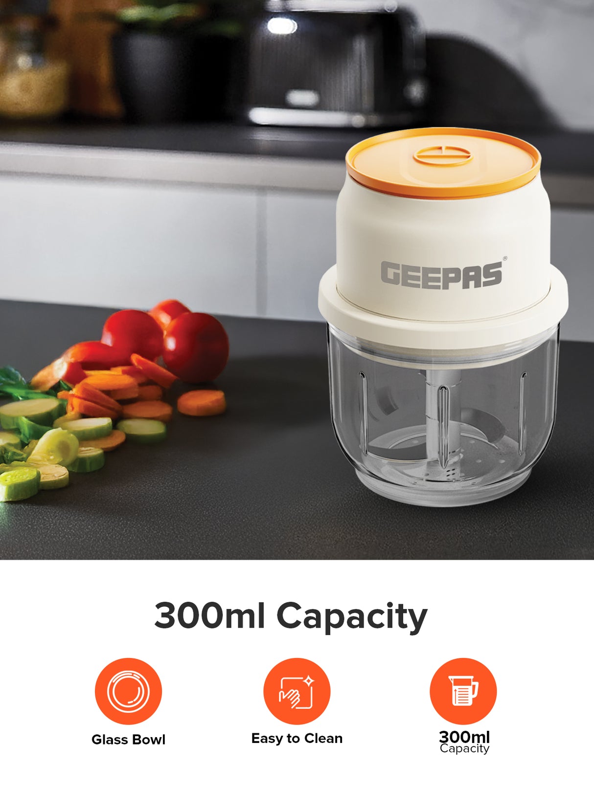 Geepas GMC42022N Rechargeable Mini Chopper | Durable Stainless Steel Blades| Hygienic Glass Bowl| Type-C Fast Charging| Easy One-Press Operation | 2 Years Warranty