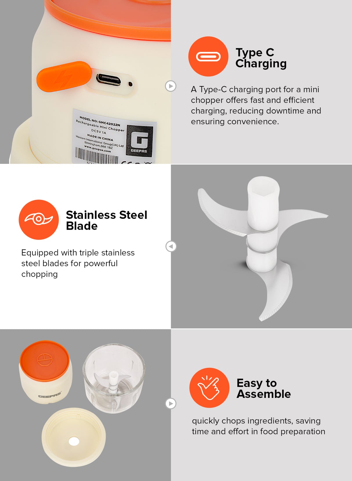 Geepas GMC42022N Rechargeable Mini Chopper | Durable Stainless Steel Blades| Hygienic Glass Bowl| Type-C Fast Charging| Easy One-Press Operation | 2 Years Warranty