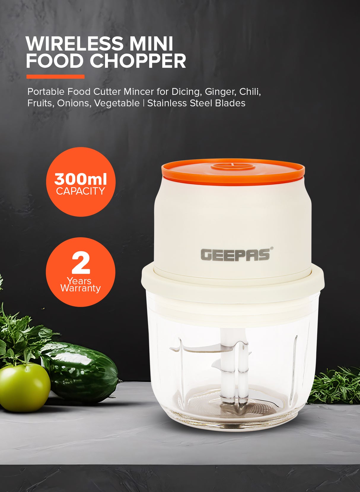 Geepas GMC42022N Rechargeable Mini Chopper | Durable Stainless Steel Blades| Hygienic Glass Bowl| Type-C Fast Charging| Easy One-Press Operation | 2 Years Warranty