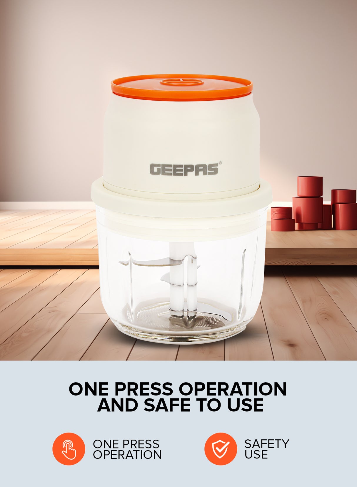 Geepas GMC42022N Rechargeable Mini Chopper | Durable Stainless Steel Blades| Hygienic Glass Bowl| Type-C Fast Charging| Easy One-Press Operation | 2 Years Warranty