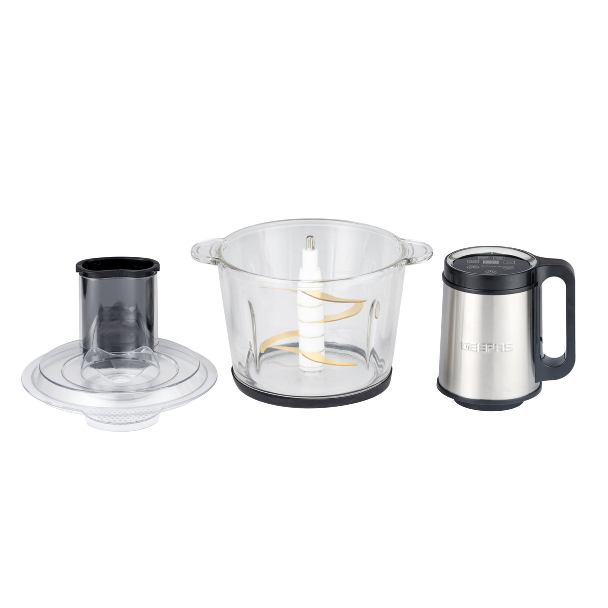 Geepas Digital 5-in-1 Food Processor GMC42034 – 500W, 3L Glass Bowl, Stainless Steel Gear, Titanium Blades, 6 Attachments, Touch Control, 2-Year Warranty