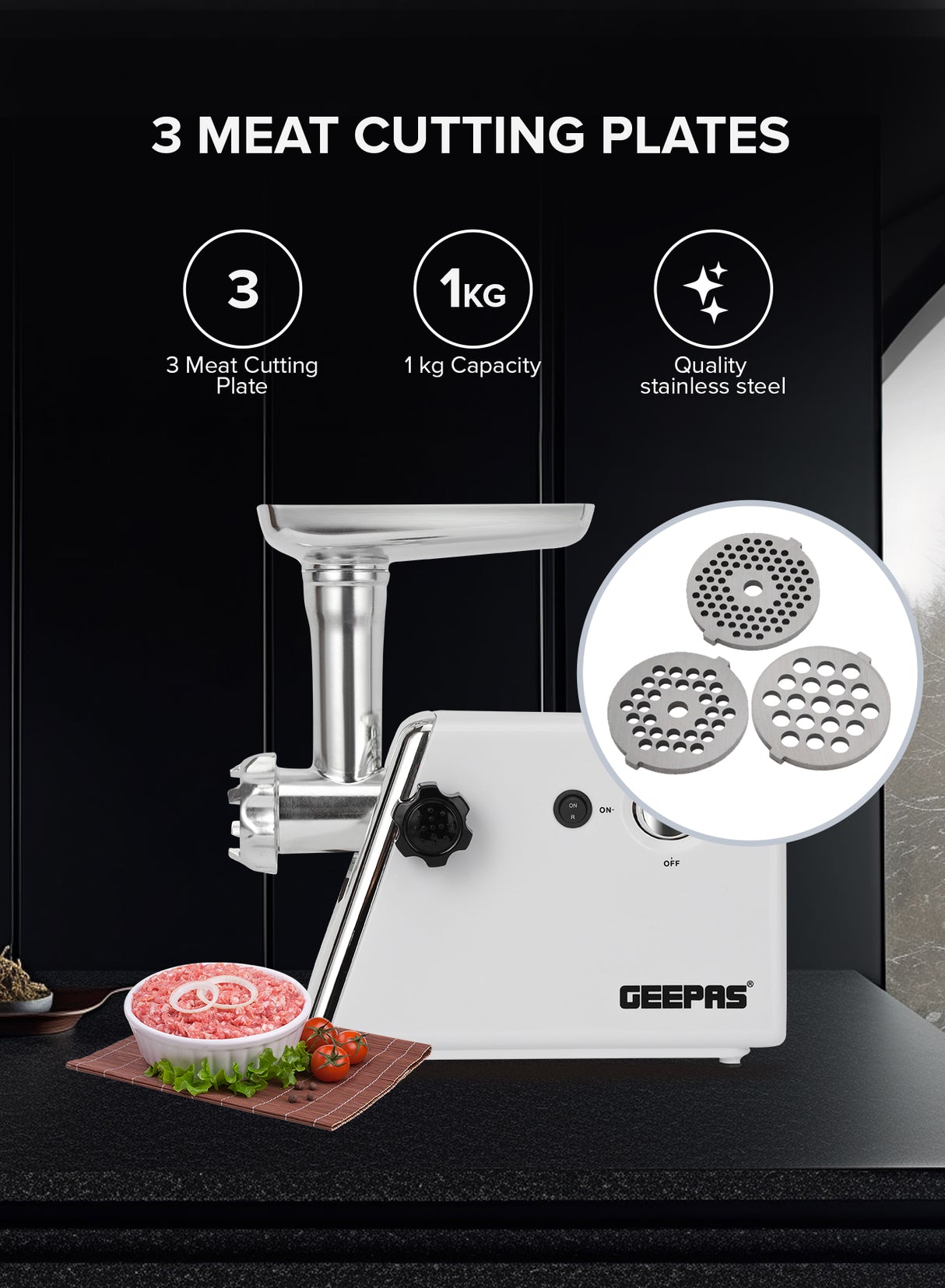 Geepas Meat Grinder Electric Aluminum Gearbox, 3 Metal Cutting Plates, Accessories, Metal Gears, Stainless Steel Blade - 2 Years Warranty
