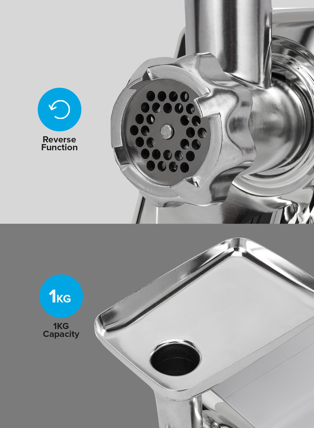 Geepas Meat Grinder Electric Aluminum Gearbox, 3 Metal Cutting Plates, Accessories, Metal Gears, Stainless Steel Blade - 2 Years Warranty