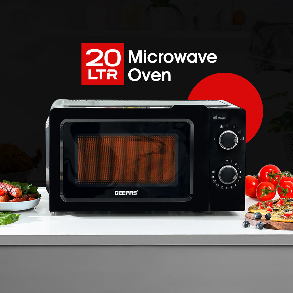 Geepas 20L Microwave Oven GMO1899 | Stylish & Efficient Microwave Oven | Multiple Power Levels| Defrost & Timer Function| Compact Design| Easy Operation | 1 Year Warranty