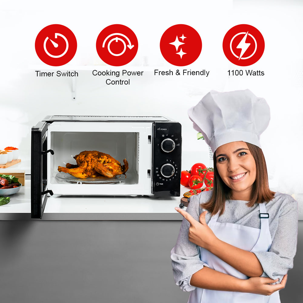 Geepas 20L Microwave Oven GMO1899 | Stylish & Efficient Microwave Oven | Multiple Power Levels| Defrost & Timer Function| Compact Design| Easy Operation | 1 Year Warranty