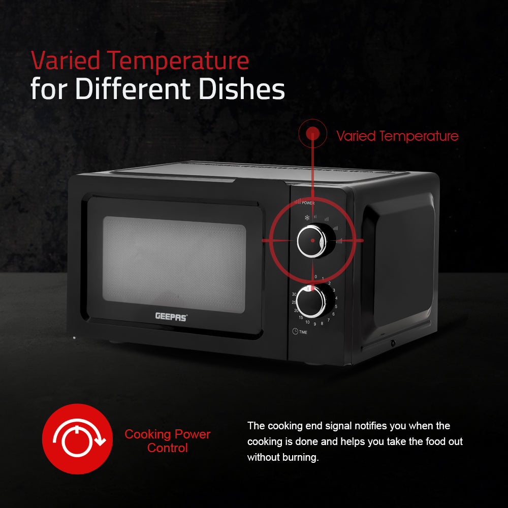 Geepas 20L Microwave Oven GMO1899 | Stylish & Efficient Microwave Oven | Multiple Power Levels| Defrost & Timer Function| Compact Design| Easy Operation | 1 Year Warranty